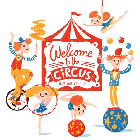 Circus vector poster design with funny cartoon comic characters and lettering. Gymnasts, magician, clown and acrobats.のイラスト素材