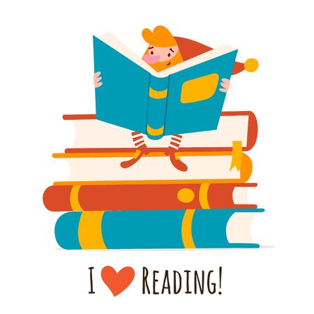 Vector gnome character reading a book cardのイラスト素材
