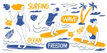 Surfing motivational vector design with people, ocen elements and letteringのイラスト素材