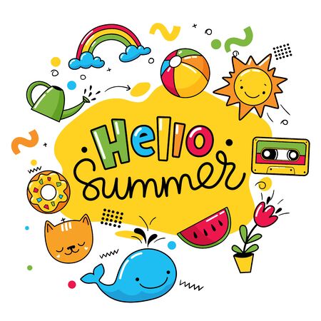 Hello summer vector design with summer symbols and textのイラスト素材