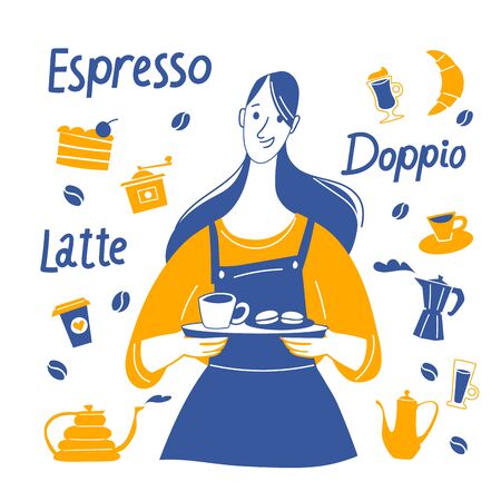 Espresso motivational vector design with barista and coffee stuffのイラスト素材