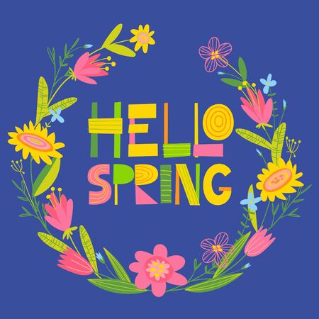 Cute vector card with spring flowersr and hello spring letteringのイラスト素材