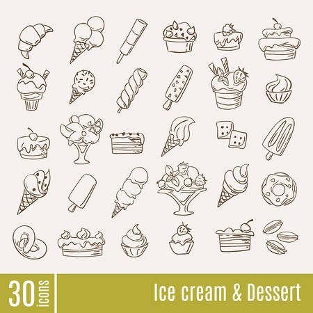 Line style flat icons in Ice Cream and Dessert info-graphic icons set. Ice cream and sweets vector icons. Summer flat style food icons. のイラスト素材