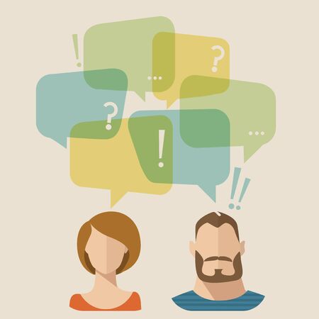 Communication flat style illustration with male and female characters.のイラスト素材