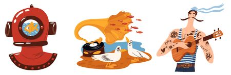 Cartoon print images ocean music theme illustrations.のイラスト素材