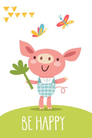 Funny cartoon be happy hand drawn poster with pigのイラスト素材