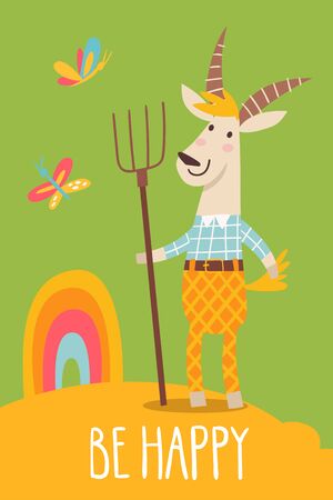 Funny cartoon hand drawn be happy poster with goatのイラスト素材