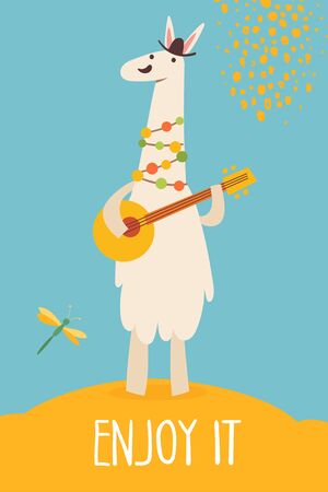 Vector funny cartoon hand drawn enjoy it card with lama playing banjo.のイラスト素材