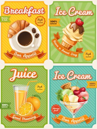 Four high detailed food posters with summer foodのイラスト素材