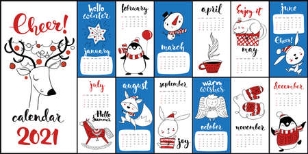 Vector cartoon 2021 calendar with Christmas symbols in red colorのイラスト素材