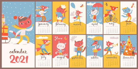 Cats and foxes vector 2021 calendar in flat styleのイラスト素材