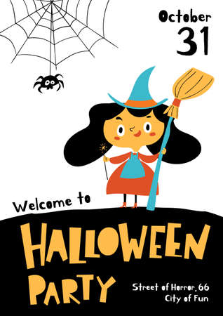 Vector Welcome to Halloween party poster in cartoon flat styleのイラスト素材