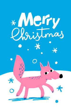 Merry Christmas vector winter poster with cute foxのイラスト素材