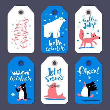 Winter sale Cheer and Merry Christmas tags with cute penguins and animalsのイラスト素材