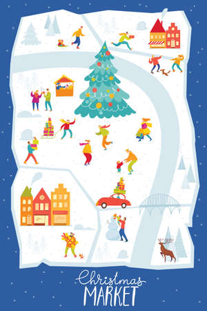 Christmas Market poster with city map and people doing winter activities.のイラスト素材