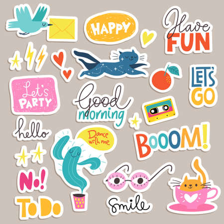 Stickers and labels with funny trendy elements, signs and lettering.のイラスト素材