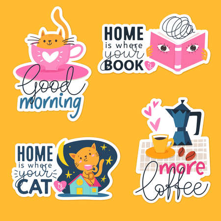 Labels and stickers with funny trendy elements and catsのイラスト素材