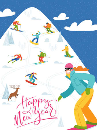 Ski resort poster with people doing winter sports.のイラスト素材