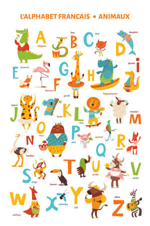 French language alphabet poster with cartoon animalsのイラスト素材