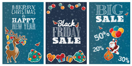 Set of Holiday Big sale posters with cute cartoon characters and letteringのイラスト素材