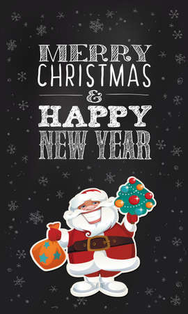 Merry Christmas blackboard style poster with cute cartoon character.のイラスト素材