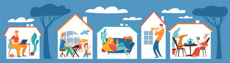 Virus protection stay home vector quarantine family isolation illustrationのイラスト素材