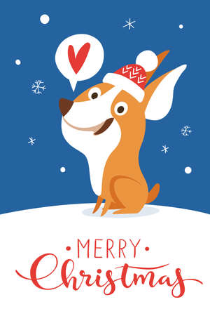 Merry Christmas card with cute cartoon corgi puppyのイラスト素材
