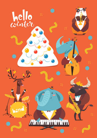 Christmas cartoon poster with hello winter lettering and cute jazz musicians characters.のイラスト素材