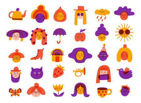 Logos and icons with people and objects in naive sketch styleのイラスト素材