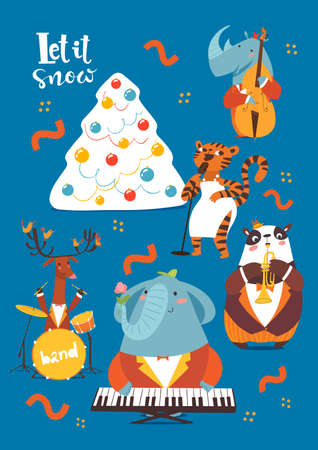 Christmas cartoon poster with Let it snow lettering and cute jazz musicians characters.のイラスト素材