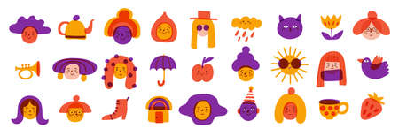 Vector social media banner with icons with people and objects in naive sketch style