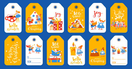 Bundle of winter sale gold and white labels with cute elf characters on Christmas holidaysのイラスト素材