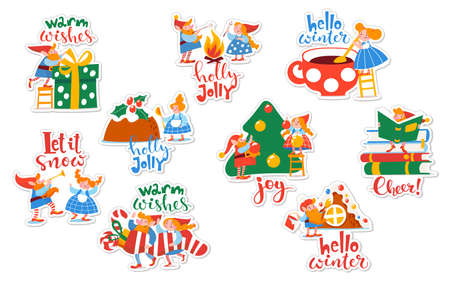 Bundle of winter tags and stickers with cute elf characters on Christmas holidaysのイラスト素材