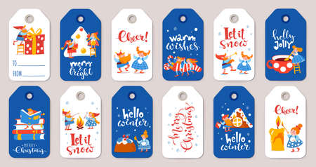 Bundle of winter sale labels with cute elf characters on Christmas holidaysのイラスト素材