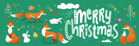 Merry Christmas poster in Scandic doodle style with cute foxes.のイラスト素材