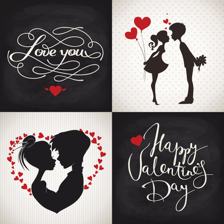Valentines day posters with cute heart and lettering and silhouettesのイラスト素材