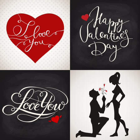 Valentines day posters with cute heart and lettering and silhouettesのイラスト素材
