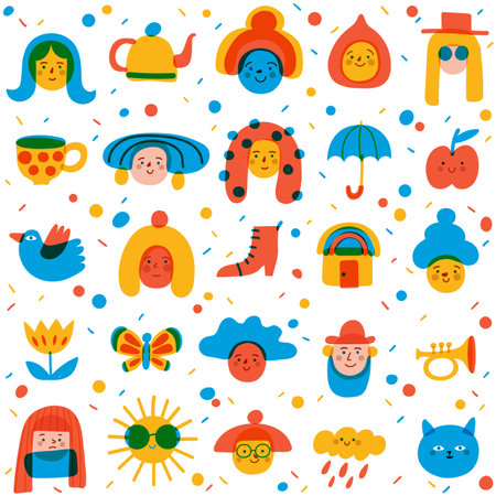 Seamless background with cute portraits, avatars and symbols for textile in cute doodle art styleのイラスト素材