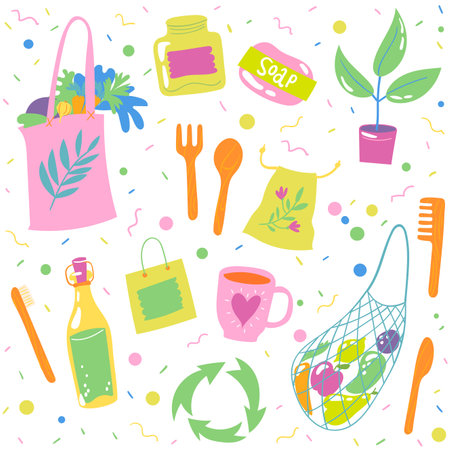 Seamless pattern background with ecological symbols in doodle styleのイラスト素材