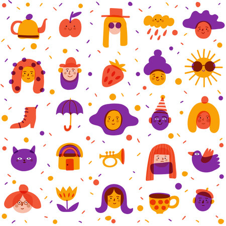 Seamless background with cute portraits, avatars and symbols for textile in cute doodle art styleのイラスト素材