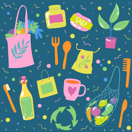 Seamless pattern background with ecological symbols on dark backgroundのイラスト素材