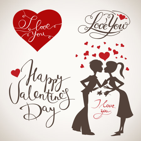 Vintage Valentines day heart, lettering and couple in love elements.のイラスト素材