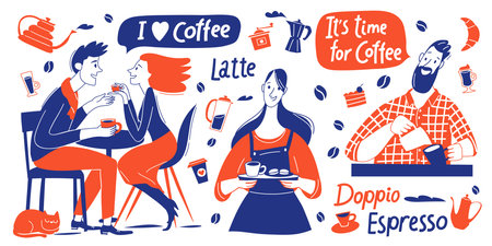 Coffee motivational vector design with barista and coffee elements and letteringのイラスト素材