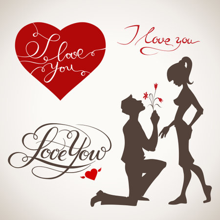 Valentines day heart, lettering and couple in love elements.のイラスト素材
