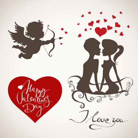 Valentines day angel, heart, lettering and couple in love elements.のイラスト素材