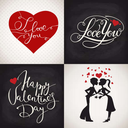 Valentines day posters with cute heart and lettering and silhouettesのイラスト素材