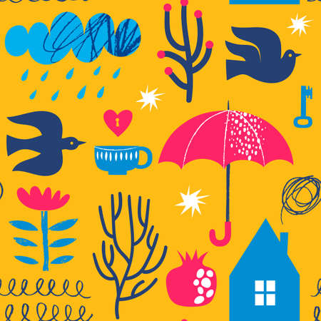 Abstract doodle seamless modern style pattern in bright colorsのイラスト素材