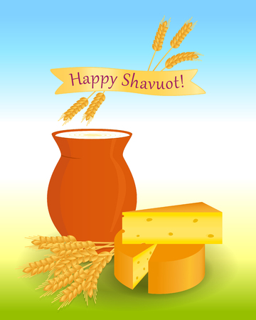 Jewish holiday of Shavuot, cheese and milk jugのイラスト素材