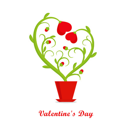 Valentine's day greeting card, flower stem with red hearts in flowerpot, greeting inscription - Happy Valentine's Dayのイラスト素材