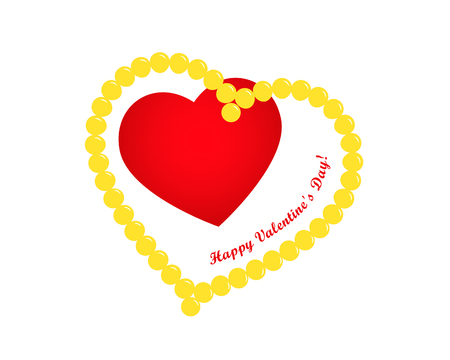 Valentines day greeting card, red heart in heart of beads and greeting inscription on white background, Happy Valentine's Dayのイラスト素材
